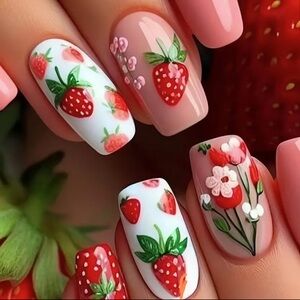 Press On Nails Strawberries Art Set Square Medium Glossy Finish Fruit Flowers